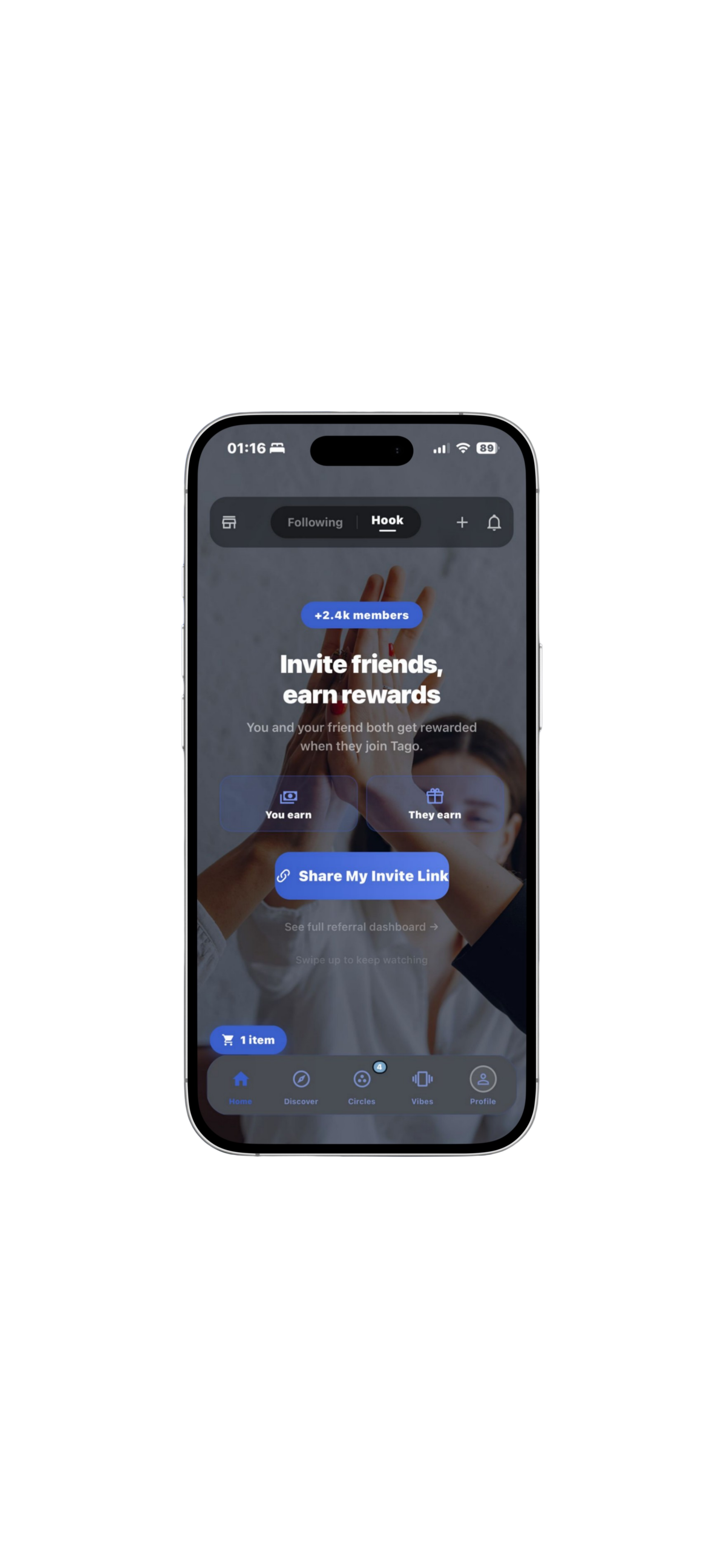 Tago referral and earning screen — Invite friends, earn rewards